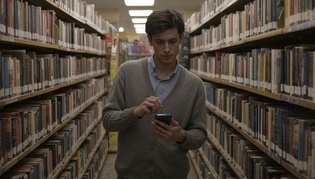 Young man using smartphone in narrow library aisle surrounded by bookshelves, fluorescent lights