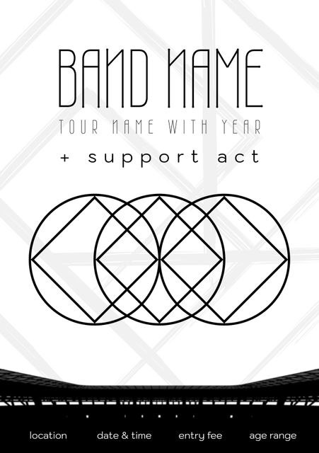 This poster features minimalist design elements with black geometric patterns on a white background. Ideal for promoting music events, concerts, or band tours. The addition of placeholders for text such as band name, tour name, date, location, and entry fee allows for easy customization for various events.