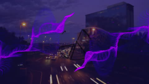 Traffic Timelapse with Purple Waves and Data Visuals at Night