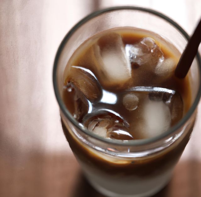 Close-up of a refreshing iced latte with ice cubes, served in a transparent glass with a straw on a wooden table. Perfect for use in content related to beverages, drink recipes, summer refreshments, coffee shops, or caffeinated drinks. Ideal for blogs, social media, menus, and marketing materials.
