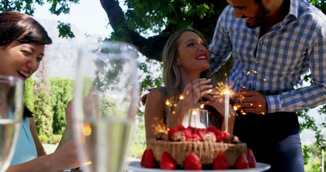 Friends Celebrating Birthday Outdoors with Cake and Sparklers - Download Free Stock Images Pikwizard.com