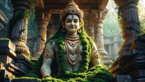 Mystical krishna statue enveloped in sacred temple ruins