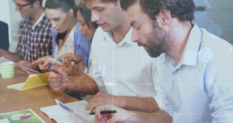 Schoolchildren Analyzing Digital Data Overlaid with Technology Interface