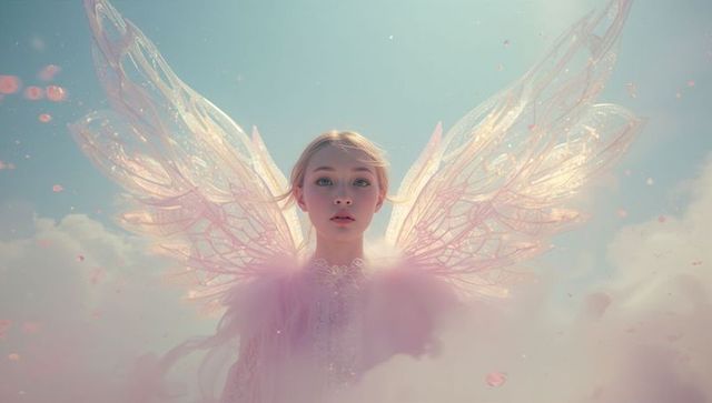 Ethereal fairy with crystalline wings in cloudscape