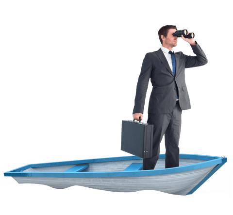 Businessman with Binoculars on Transparent Boat Background