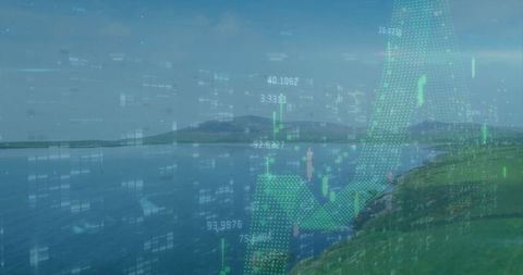 Digital Financial Overlay Landscape with Data Points and 3D Graphs