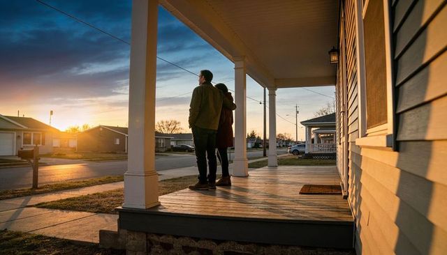 Couple watching sunset from suburban porch at golden hour with warm backlight