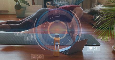 Fit Woman Exercising with Digital Network Overlay