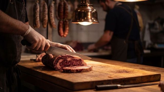Butcher slicing marbled ribeye roast on wooden cutting board under warm lamp