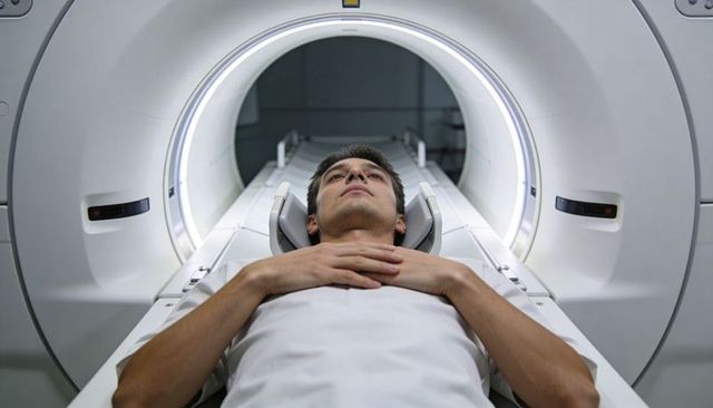 Young man undergoing mri scan inside modern clinical scanner for diagnostic imaging