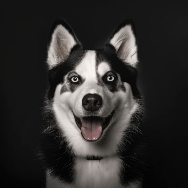 Capturing a close-up of a happy husky with striking blue eyes, this image exudes joy and friendliness. Perfect for promoting pet products, veterinary services, or animal-related events. Ideal for use in social media posts, advertisements, or blog articles highlighting pet care, dog breeds, or companionship.