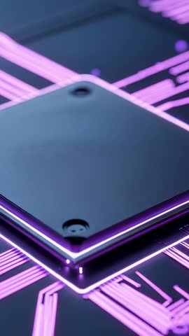 Tilting microchip on neon purple circuit board, pulsing traces vertical technology video