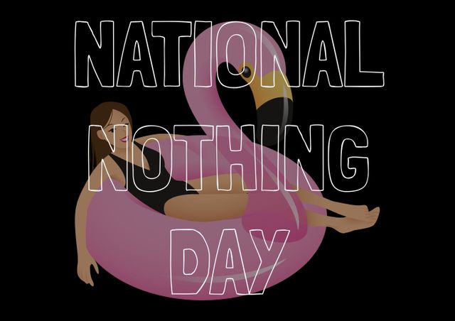 National nothing day text over woman relaxing on inflatable swan against black background. illustration, text, communication, relaxation and nothing day concept.