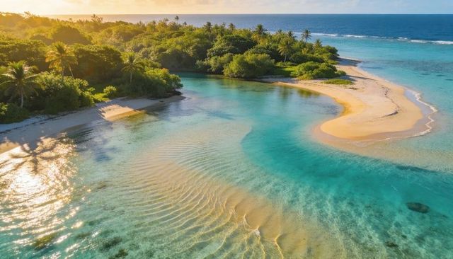 Sunlit curved sandbar and turquoise lagoon with palm-fringed island and rippled seabed