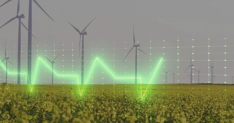 Renewable Energy Wind Turbines with Digital Data Overlay in Countryside