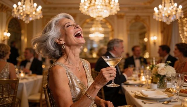 Laughing elegant older woman holding martini at luxurious gala ballroom with chandeliers