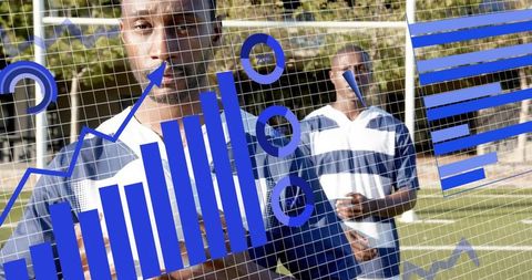 Soccer players training with performance analytics overlay on field for team metrics