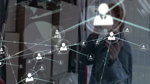 Network Overlay and Warehouse Worker Reflecting Digital Technology Concept