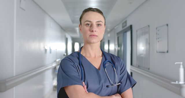 Confident Female Surgeon with Stethoscope in Hospital Corridor - Download Free Stock Images Pikwizard.com