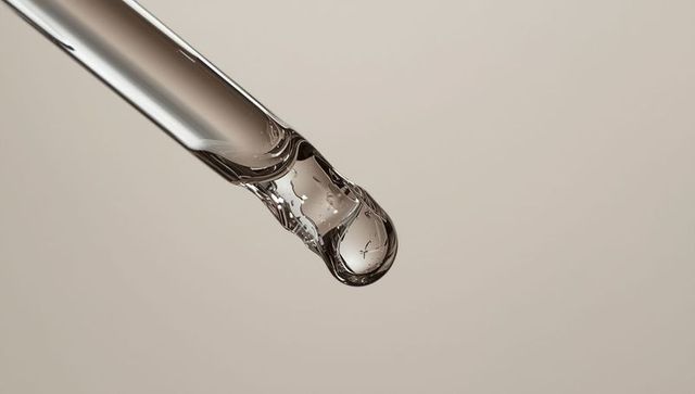 Glass Pipette Dripping Clear Liquid on Beige Background