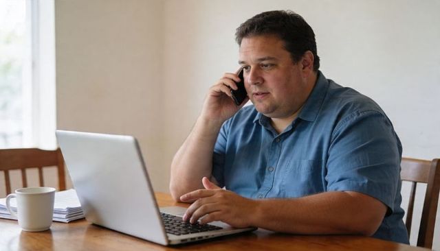 Working man calling and typing on laptop at dining table with coffee cup and paperwork
