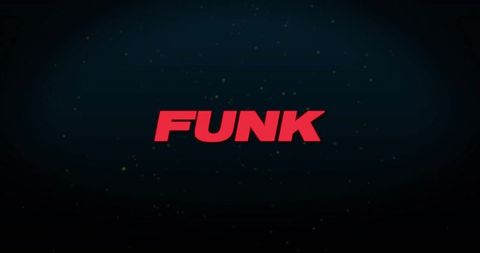 Bold red funk typography on teal gradient with gold specks and cinematic vignette