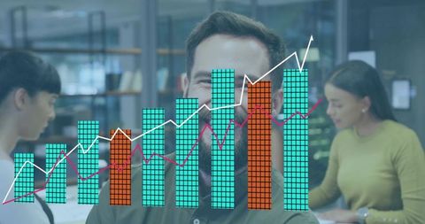 Bearded professional presenting data with rising bar chart overlay in collaborative office