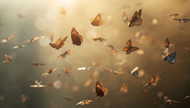 Golden sunlit monarch butterflies in flight over meadow with bokeh and dust particles