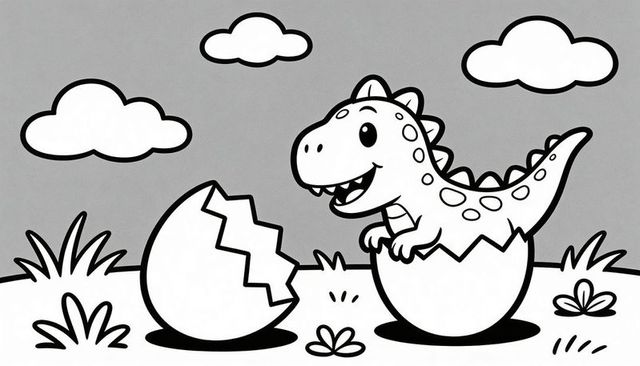 Cute baby dinosaur hatching from cracked egg coloring page with bold outlines