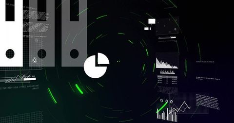 Rotating pie chart emitting neon green streaks over futuristic HUD with floating data panels