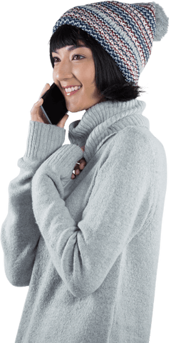Smiling Woman in Winter Outfit on Transparent Phone Call