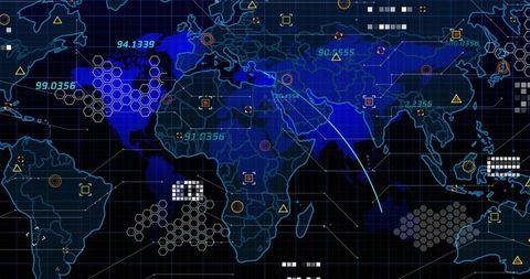 Futuristic Technology Map Interface with Hexagonal Grid and Data Points