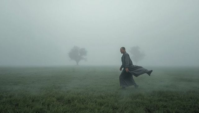 Man Walking Through Misty Field ContEMPLative Scene