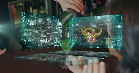 Bartender pouring green cocktail in futuristic bar