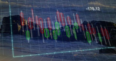 Candlestick market chart overlaying coastal rocks at dusk with light-blue trend line