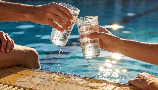 Clinking chilled glasses at sunlit pool edge with water splashes and sparkling summer ripples