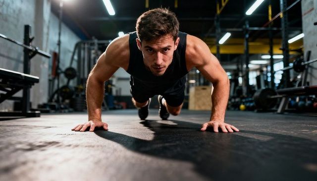 Athletic man performing push-up in industrial gym, intense strength training close-up