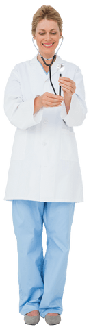 Blonde doctor listening to stethoscope in transparent background