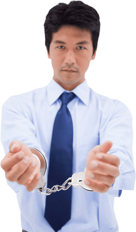 Transparent businessman in handcuffs portrait symbolizing consequences