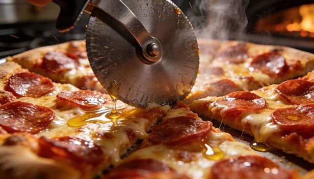 Pepperoni pizza being sliced with oiled pizza wheel in wood-fired pizzeria oven