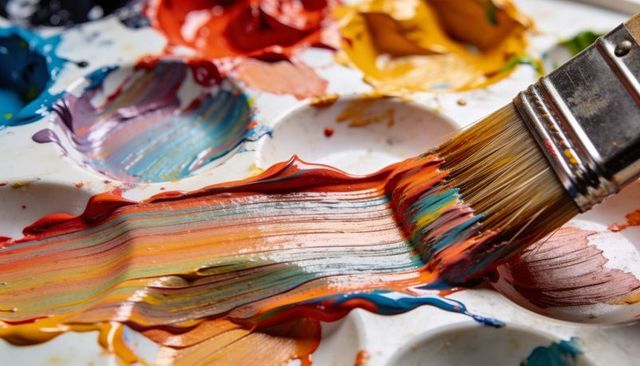 Flat brush dragging multicolored paint across palette creating vibrant rainbow streaks