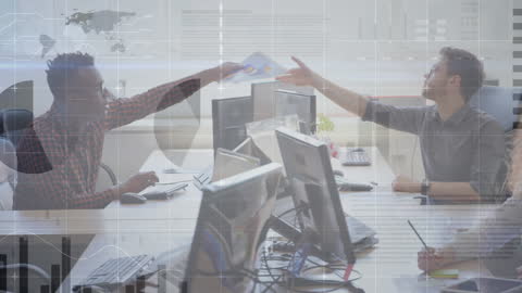 Multiracial Coworkers Sharing Report with Digital Interface Overlay