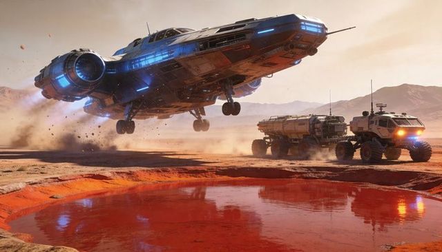 Hovering interplanetary ship landing over red martian basin reflecting in salt pool
