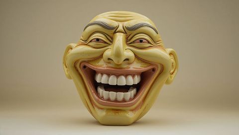 Glossy yellow ceramic mask with exaggerated grin, large white teeth, painted brows and lips