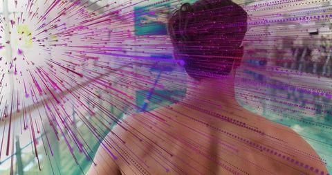 Shirtless swimmer standing by indoor pool amid magenta digital overlay and motion burst