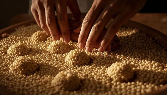 Hands shaping millet mounds on wooden tray in warm kitchen light, tactile grain texture