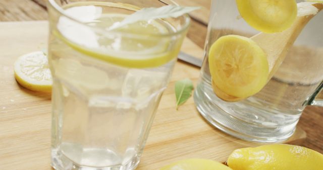 Image of glasses with lemonade and lemons on wooden board. drinks, beverages, freshens and refreshment concept.
