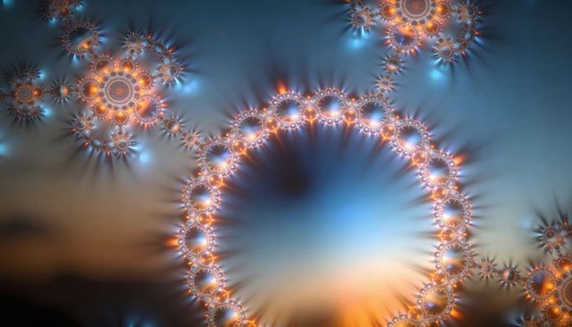 Glowing fractal wreath showing neon beads and spiky halos over gradient cosmic sky