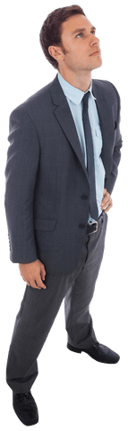 Transparent Stern Businessman in Gray Suit with Hand on Hip Looking Up