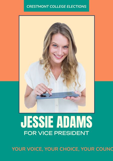 Illustrates vibrant election campaign featuring smiling woman engaging with technology. Ideal for promoting candidates in student government elections, tech-savvy candidates, women in leadership, or modern political campaigns.